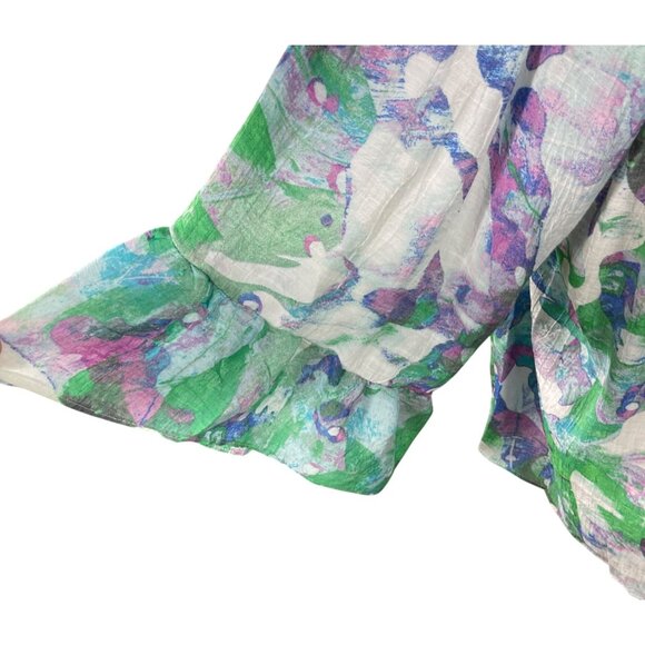 Zac & Rachel OTS Top Blouse Size 1X Blue Green Floral Smocked - Picture 5 of 7